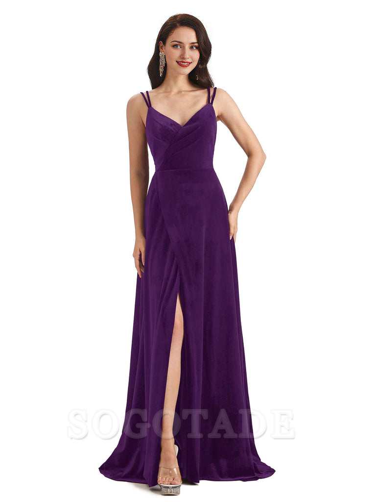 Sexy Velvet Long Bridesmaid Dresses Spaghetti Straps Open Back with Side Slit