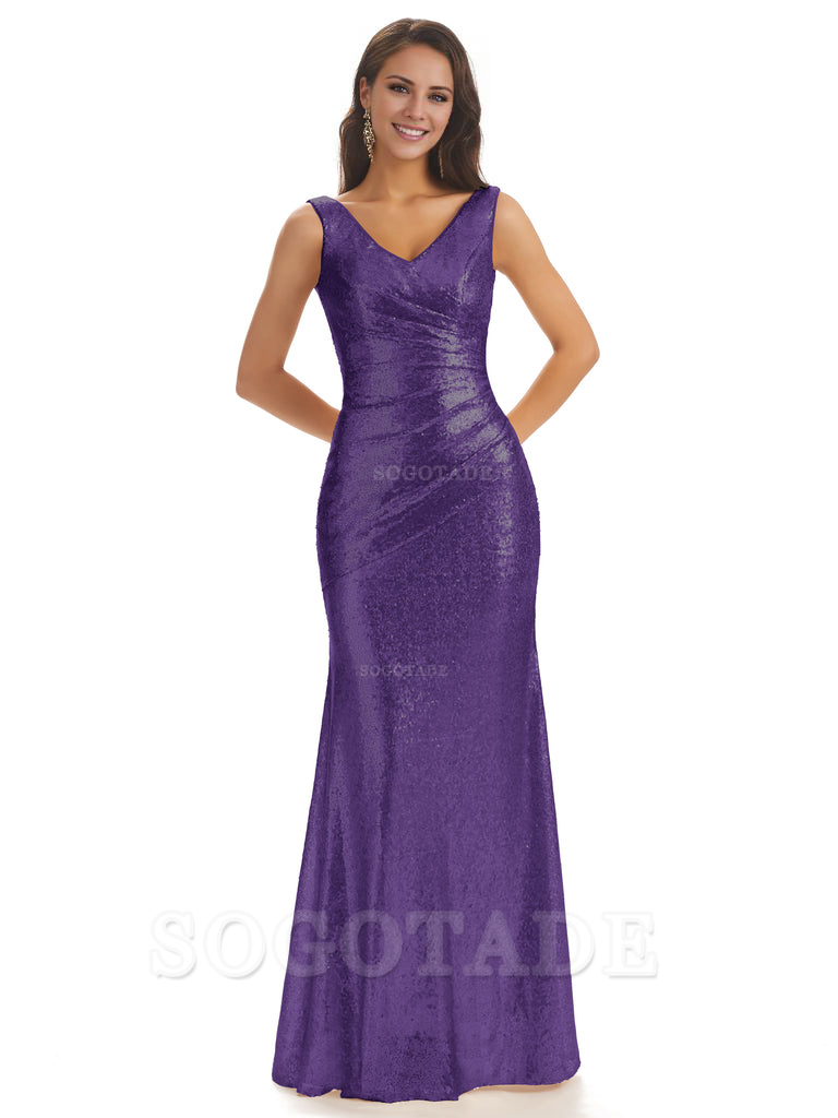 Sexy Sequin V-Neck Sparkly Long Mermaid Bridesmaid Dresses Charming Evening Party Dress