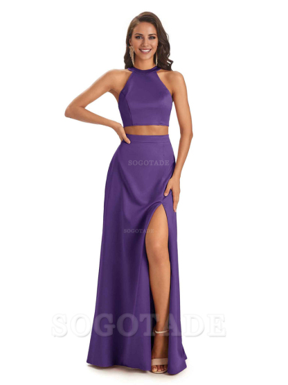 Soft Satin Two-Pieces Halter Side Slit Sexy Fashion Bridesmaid Dresses Charming Evening Party Dress