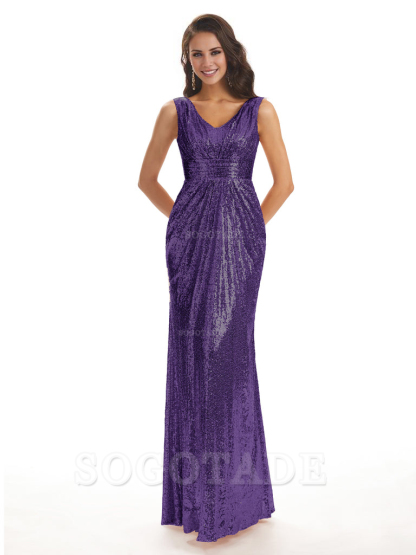 Sparkly V-Neck Sequin Long Mermaid Bridesmaid Dresses Sleeveless Charming Evening Party Dress
