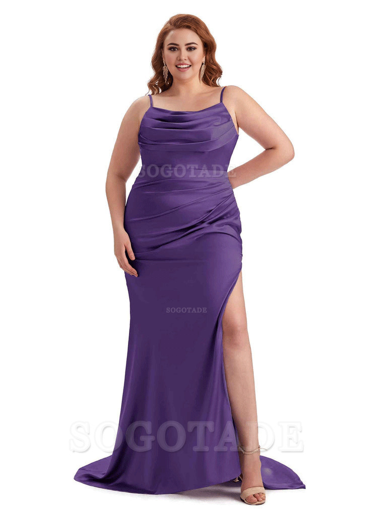 Sexy Jewel Side Slit Mermaid Soft Satin Long Plus Size Bridesmaid Dress For Wedding