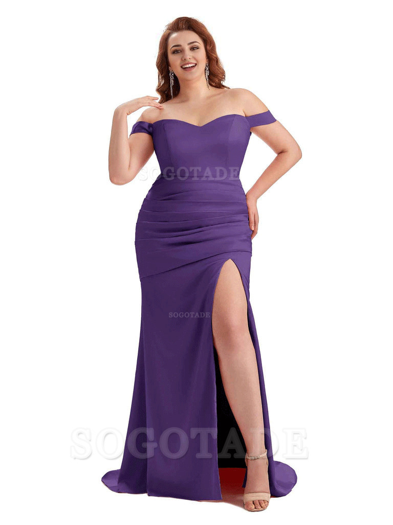 Sexy Mermaid Off The Shoulder Side Slit Soft Satin Long Plus Size Wedding Party Dresses