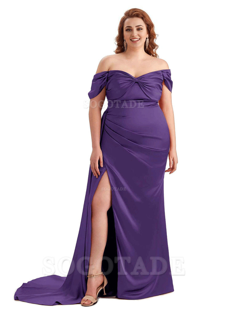  Sexy Side Slit Off The Shoulder Mermaid Soft Satin Long Plus Size Bridesmaid Dress For Wedding