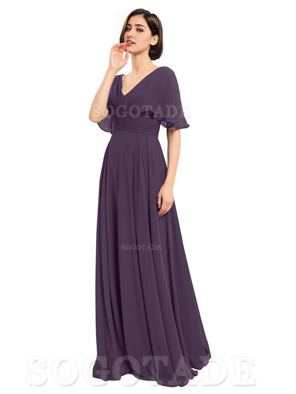  V-Neck Cap Sleeves Sleeves Chiffon Long Elegant Bridesmaid Dresses Formal Wear Dresses