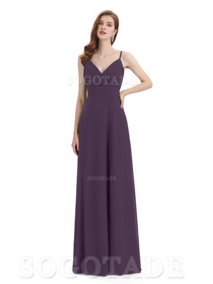 Chiffon V-Neck Spaghetti Strap Floor-Length Side Fork Long Bridesmaid Dresses Formal Women's Dresses Wedding Guests Dresses