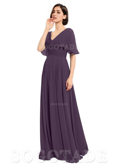  V-Neck Cap Sleeves Sleeves Chiffon Long Elegant Bridesmaid Dresses Formal Wear Dresses