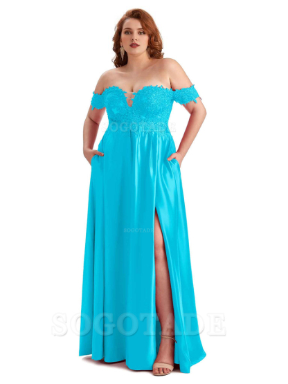 Off Shoulder Side Slit Lace Soft Satin Long Plus Size Bridesmaid Dresses For Wedding