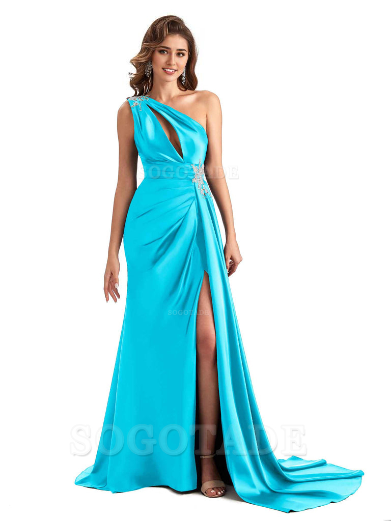 Sexy Side Slit Mermaid Soft Satin One Shoulder Lace Long Modern Bridesmaid Dresses