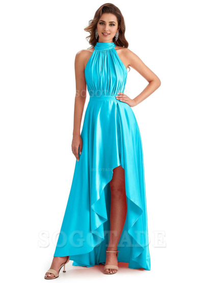 Soft Satin High Neck High Low A-Line Unique Bridesmaid Dresses Online