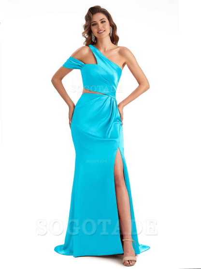 Sexy Side Slit Mermaid Soft Satin One Shoulder Long Unique Bridesmaid Dresses