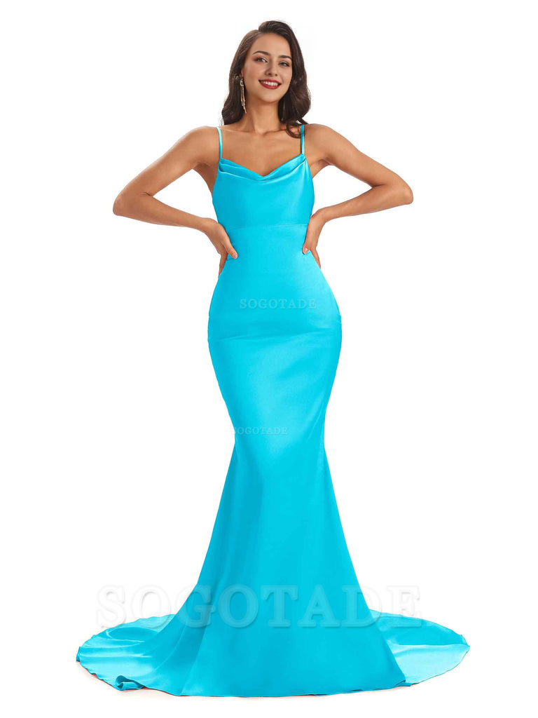 Sexy Backles Soft Satin Spaghetti Straps Maxi Mermaid Bridesmaid Dresses Online prom shop dresses