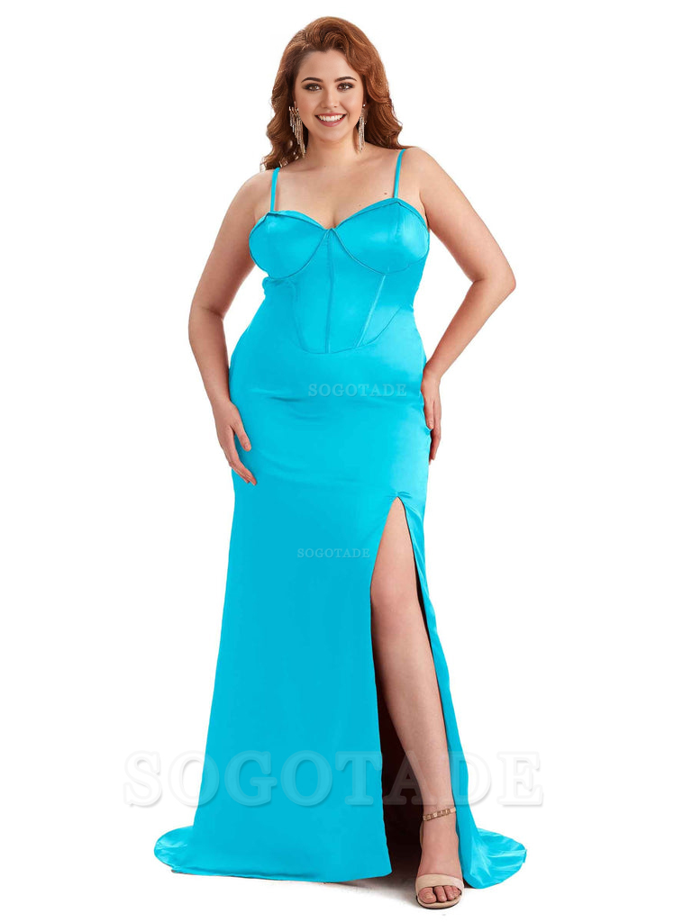 Sexy Spaghetti Straps Side Slit Sleeveless Mermaid Soft Satin Long Bridesmaid Dress Plus Size Dress To Wear to a Wedding