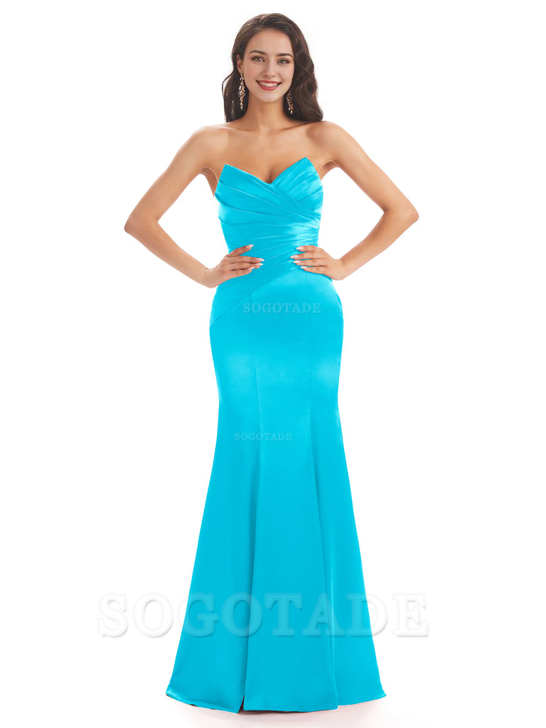 Simple Strapless Sweetheart Soft Satin Mermaid Long Bridesmaid Dresses prom shop dresses