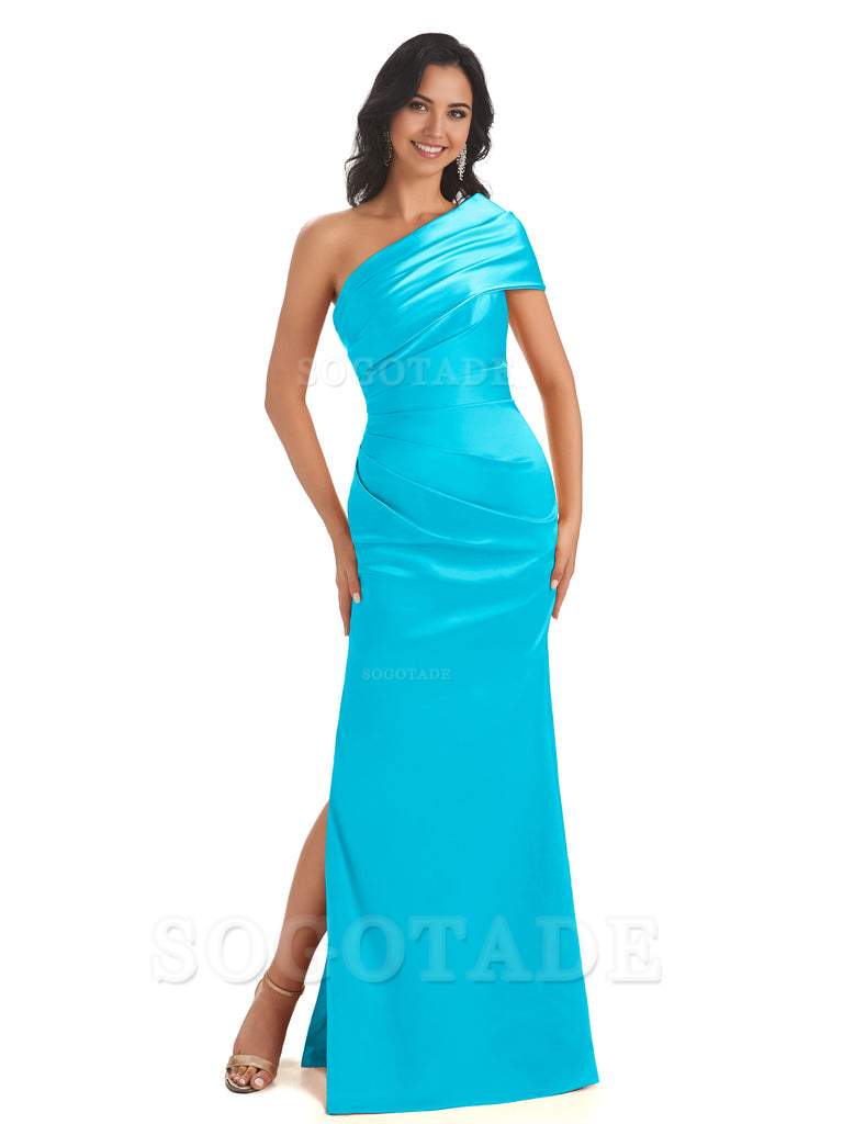 Mermaid One Shoulder Satin Long formal dresses evening gown Bridesmaid Dresses With Side Slit 
