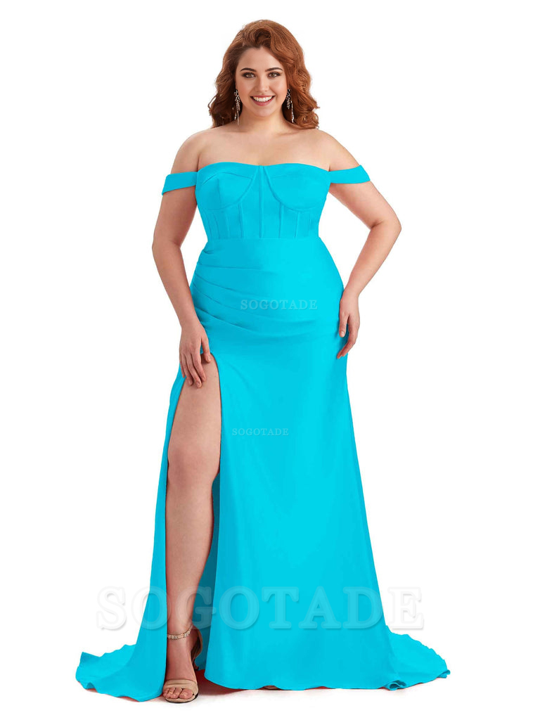 Elegant Off The Shoulder Side Slit Mermaid Soft Satin Floor Length Long Plus Size Bridesmaid Gowns