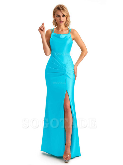 Soft Satin Spaghetti Straps Side Slit Long Unique Mermaid Beautiful Dresses For Wedding