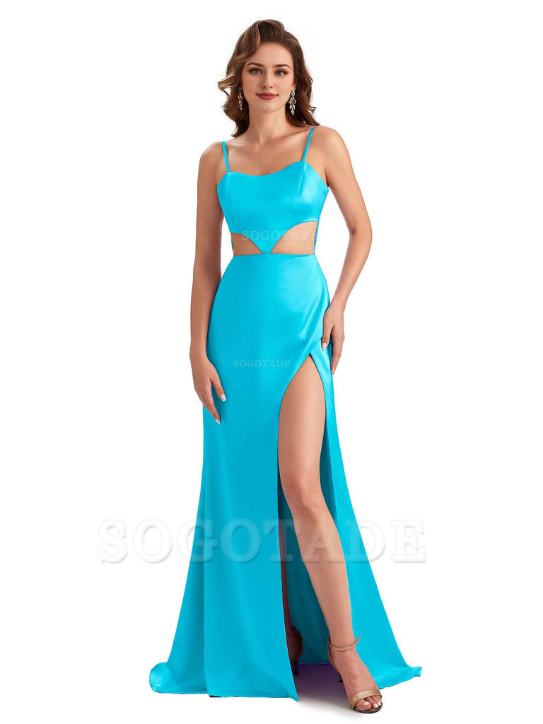 Sexy Satin Side Slit Spaghetti Straps Mermaid Long Unique Curve Wedding Guest Dresses