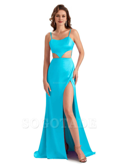 Sexy Satin Side Slit Spaghetti Straps Mermaid Long Unique Curve Wedding Guest Dresses