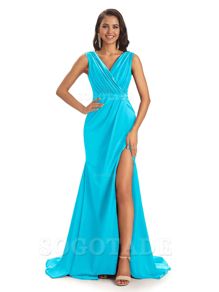 A-line V-neck Floor-Length Satin formal dresses evening gown Bridesmaid Dresses With Side Slit 