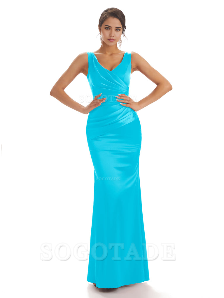 Sheath Sleeveless V-neck Floor-Length Satin formal dresses evening gown Bridesmaid Dresses With Pleats 