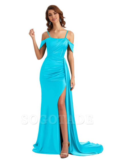 Sexy Side Slit Cold Shoulder Mermaid Satin Chic Long Wedding Guest Dresses