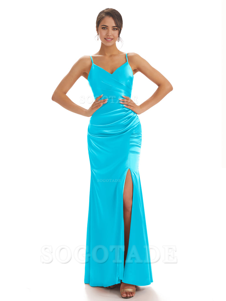 Spaghetti Straps Pleats Satin formal dresses evening gown Bridesmaid Dresses With Side Slit 