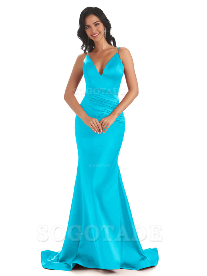 Mermaid Spaghetti V-Neck Straps Satin Long formal dresses evening gown Bridesmaid Dresses With Side Slit 