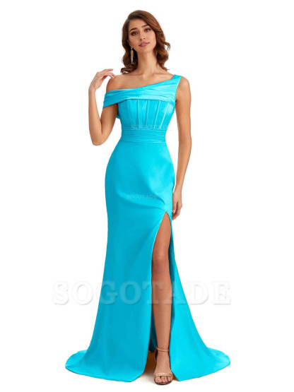 Elegant Asymmetrical Neck Soft Satin Side Slit Long Mermaid Bridesmaid Dresses