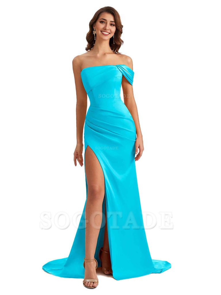 Unique One Shoulder Side Slit Satin Long Formal Dresses For Bridesmaid Dresses