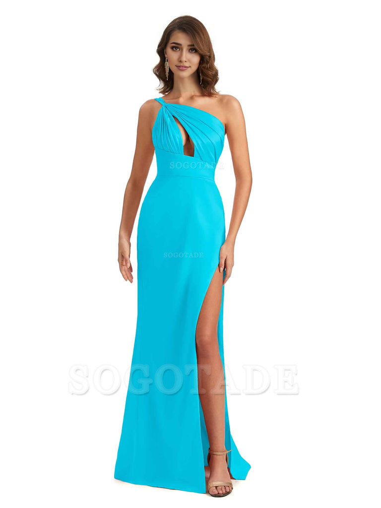 Sexy One Shoulder Silky Satin Unique Long Ladies Bridesmaid Dress For Wedding