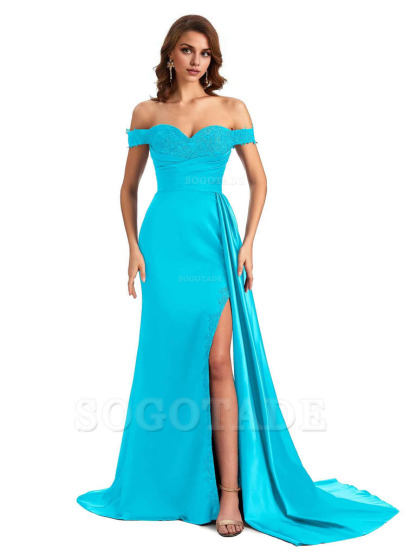 Sexy Off The Shoulder Mermaid Side Slit Silky Satin Long Bridesmaid Dress For Wedding