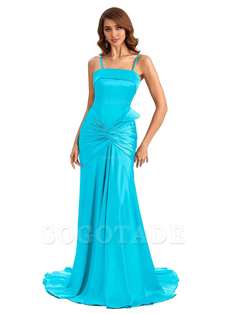 Sexy Mermaid Spaghetti Straps Silky Satin Unique Long Bridesmaid Dress For Wedding