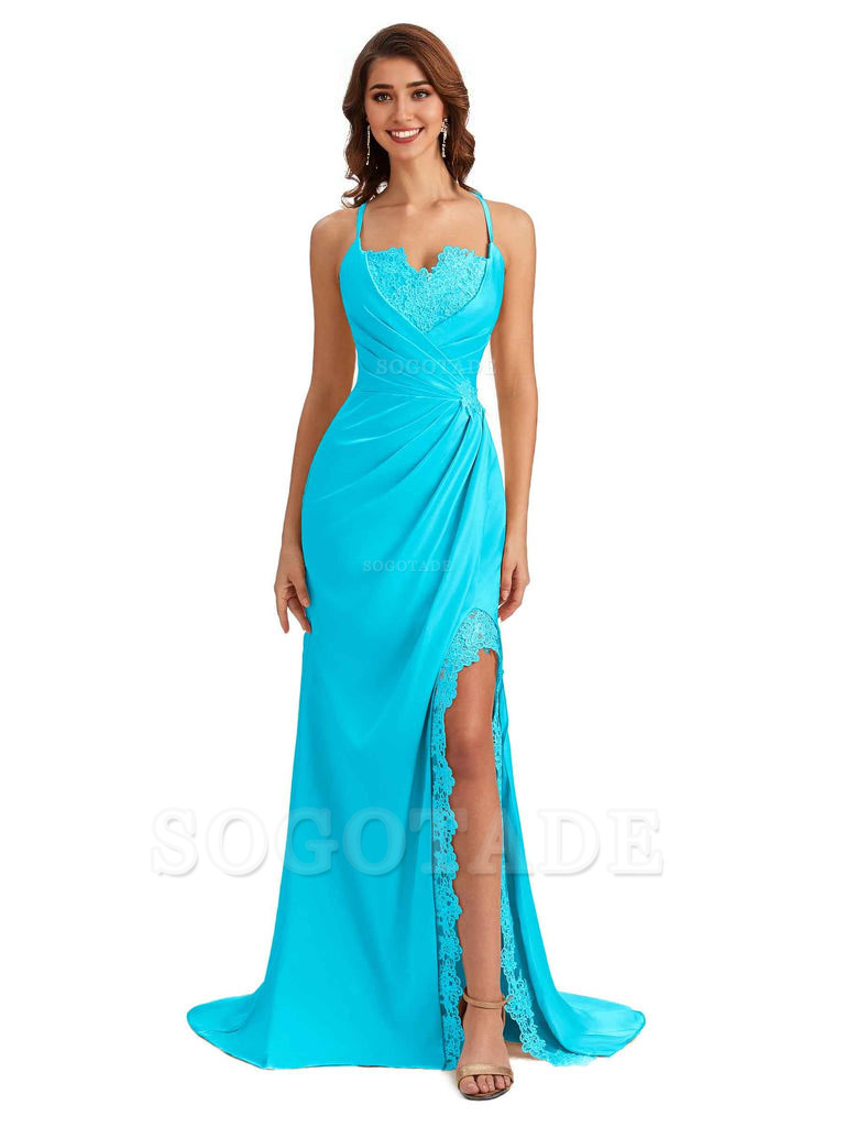 Sexy Side Slit Spaghetti Straps Lace Mermaid Silky Satin Wedding Guest Dresses