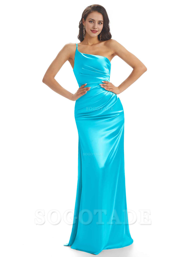 Sexy Soft Satin One Shoulder Side Slit Mermaid Long Bridesmaid Dresses prom dress shop ﻿