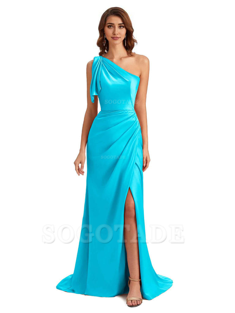 Sexy One Shoulder Mermaid Side Slit Unique Silky Satin Bridesmaid Dresses 