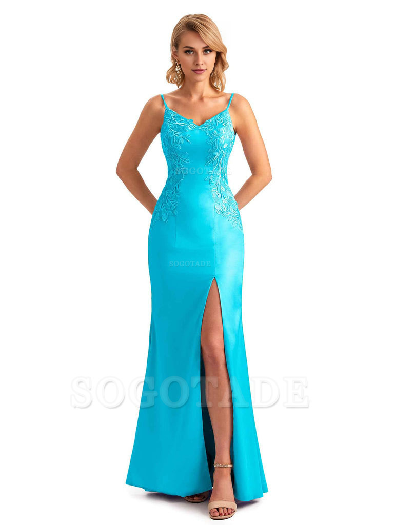 Sexy Side Split Mermaid Spaghetti Straps Soft Satin Unique Lace Long Bridesmaid Dresses