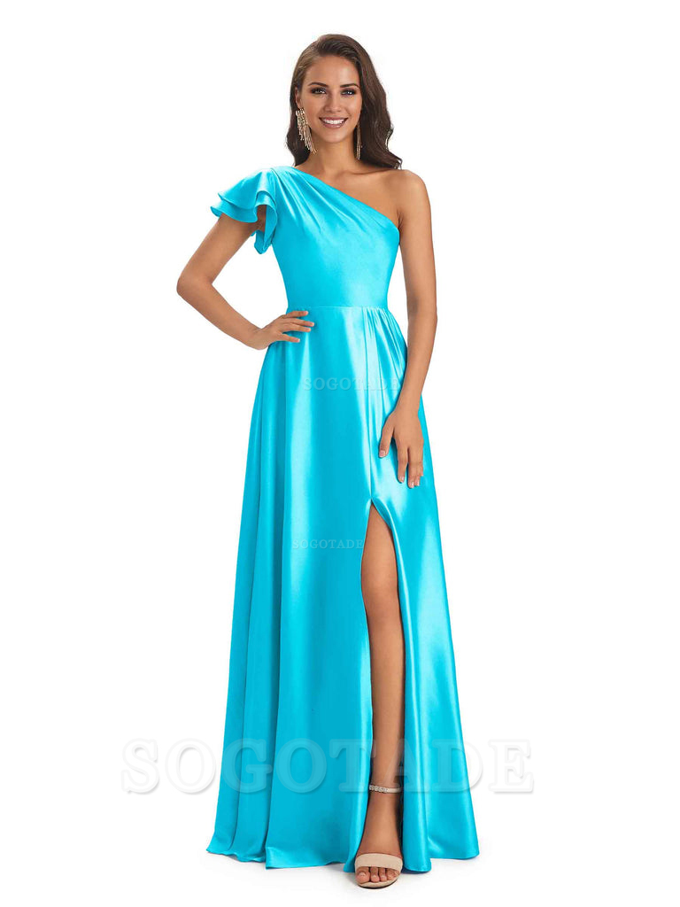 A-Line One Shoulder Ladies Long Bridesmaid Dresses Soft Satin Side Slit Elegant Evening Party Dress