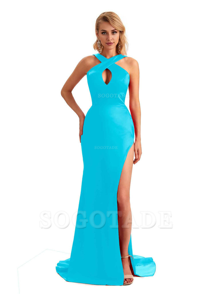 Sexy Side Slit Halter Mermaid Silky Satin Unique Long Formal Wedding Bridesmaid Dresses