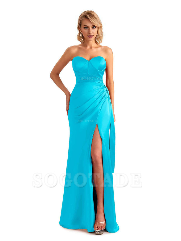 Sexy Side Slit Strapless Mermaid Soft Satin Unique Long Bridesmaid Dress For Wedding