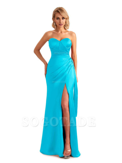 Sexy Side Slit Strapless Mermaid Soft Satin Unique Long Bridesmaid Dress For Wedding