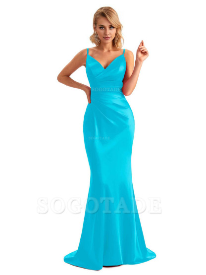  Sexy Backless Mermaid Spaghetti Straps Unique Long Formal Satin Dress For Women