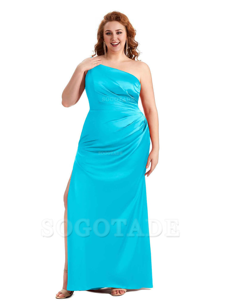 Sexy Side Slit One Shoulder Mermaid Soft Satin Long Plus Size Maid of Honour Dresses