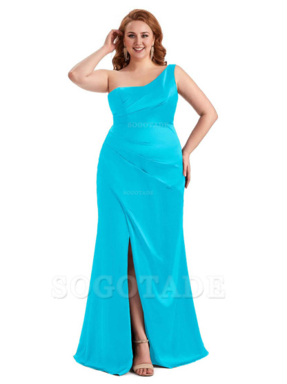 Sexy Side Slit One Shoulder Mermaid Long Plus Size Satin Maxi Dresses