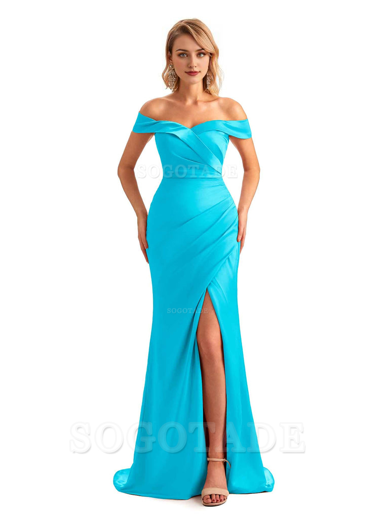 Off Shoulder Side Slit Mermaid Silky Satin Unique Long Formal Wedding Guest Dresses Online