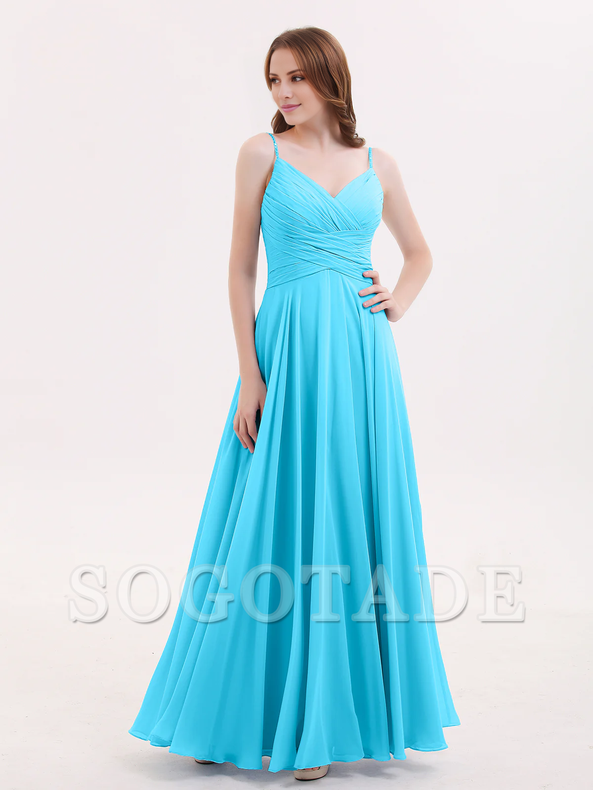 V-neck Fine Shoulder Strap Floor Length Chiffon Bridesmaid Dresses Online