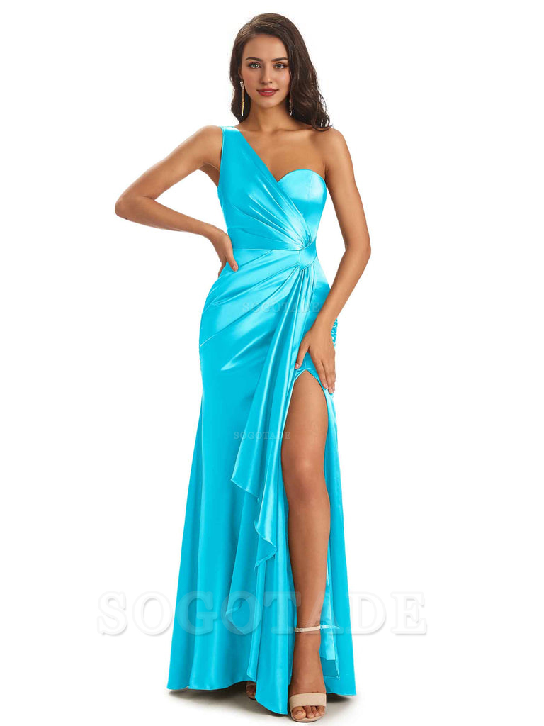 Elegant Soft Satin Side Slit One Shoulder Unique Mermaid Bridesmaid Dresses Online prom dresses shops