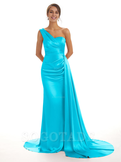 Elegant One Shoulder Soft Satin Unique Mermaid Long Bridesmaid Dresses Online prom dresses shops