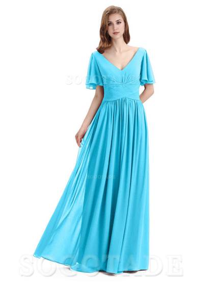 A-Line Chiffon Short Sleeves Elegant Floor-Length Bridesmaid Dresses Formal Women's Dresses Wedding Guests Dresses