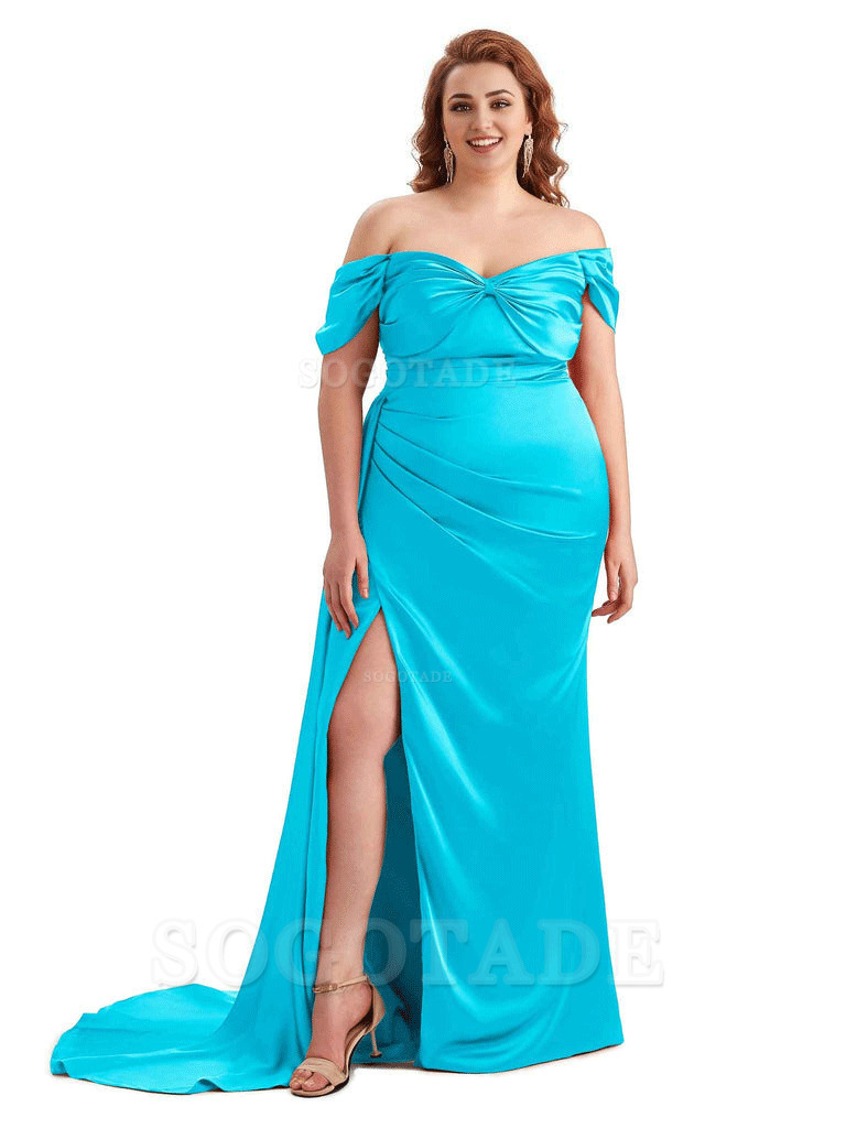  Sexy Side Slit Off The Shoulder Mermaid Soft Satin Long Plus Size Bridesmaid Dress For Wedding