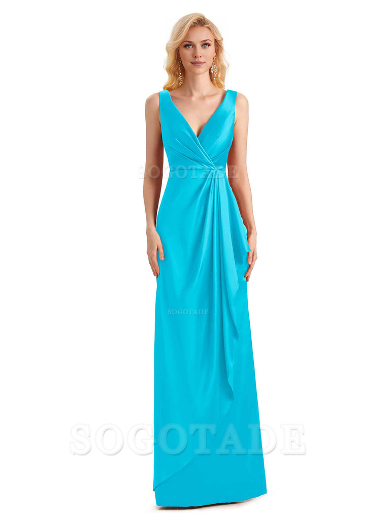 V Neck Elegant Soft Satin Formal Long Maid Bridesmaid Dresses Formal Wear Dresses